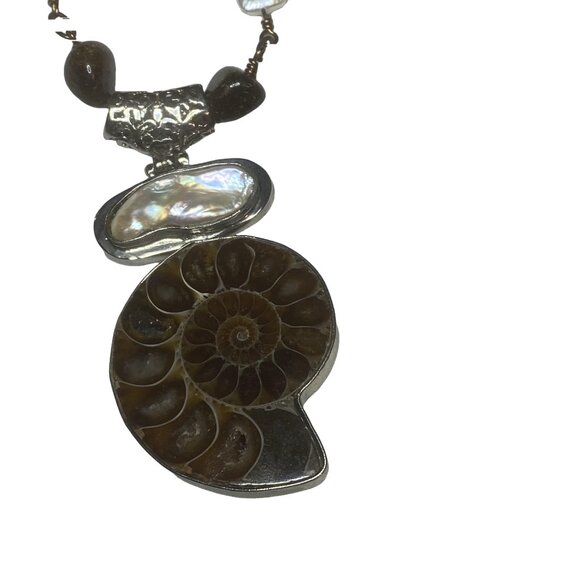 JMAX Handmade Ammonite Fossil & Mother of Pearl Silver Necklace Boho Nature - Picture 6 of 15